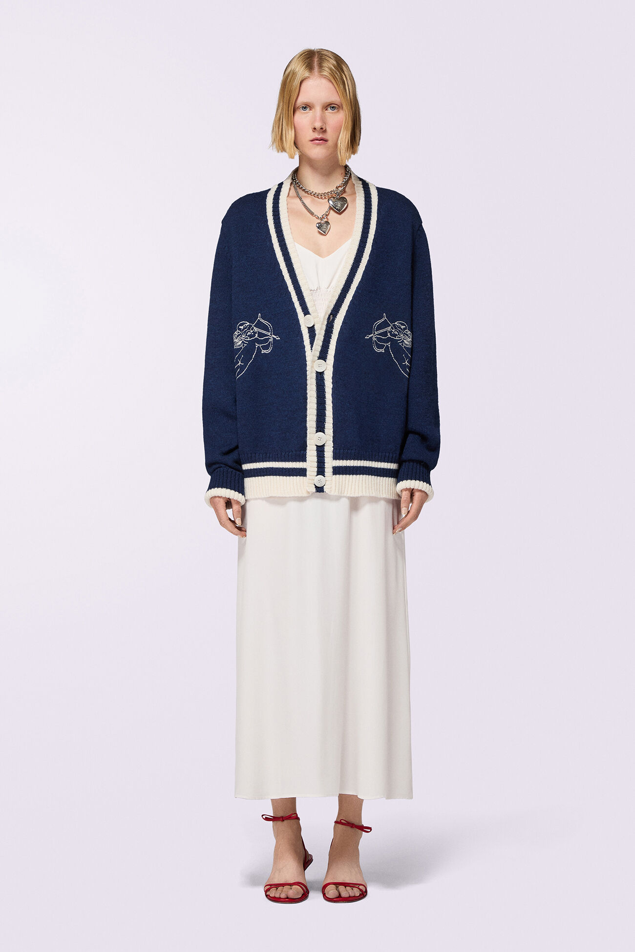 Double Cupid Embroidered Wool Cardigan Navy